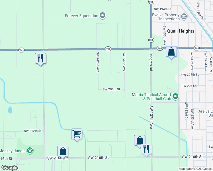 map of restaurants, bars, coffee shops, grocery stores, and more near 14025 Southwest 208th Street in Miami