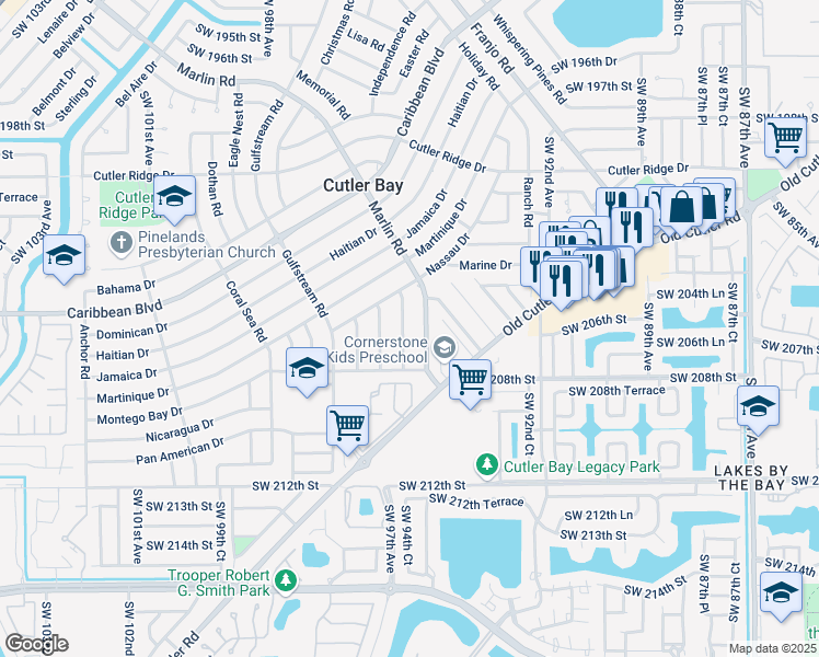 map of restaurants, bars, coffee shops, grocery stores, and more near 20500 Marlin Road in Cutler Bay