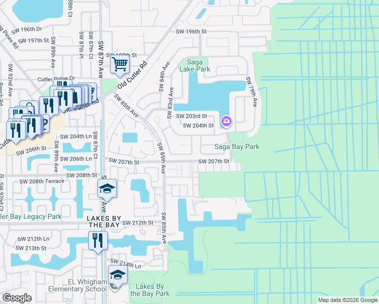 map of restaurants, bars, coffee shops, grocery stores, and more near 8305 Southwest 205th Terrace in Cutler Bay