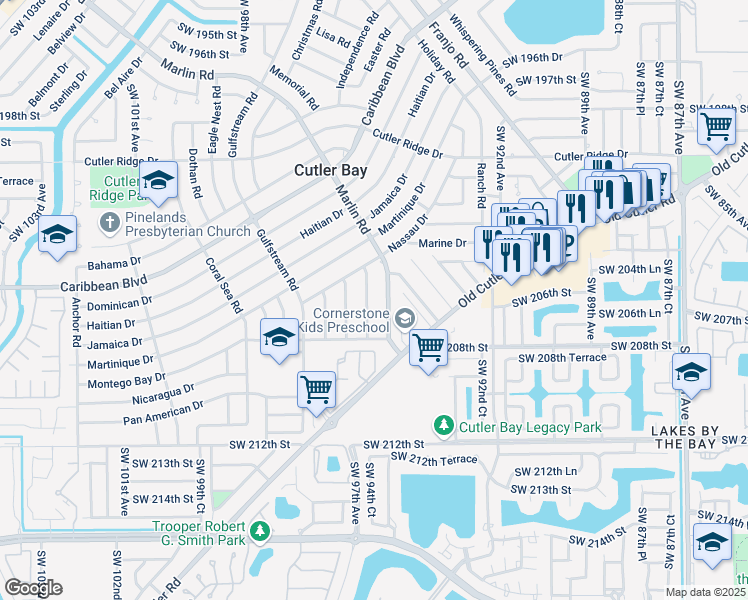 map of restaurants, bars, coffee shops, grocery stores, and more near 20500 Marlin Road in Cutler Bay