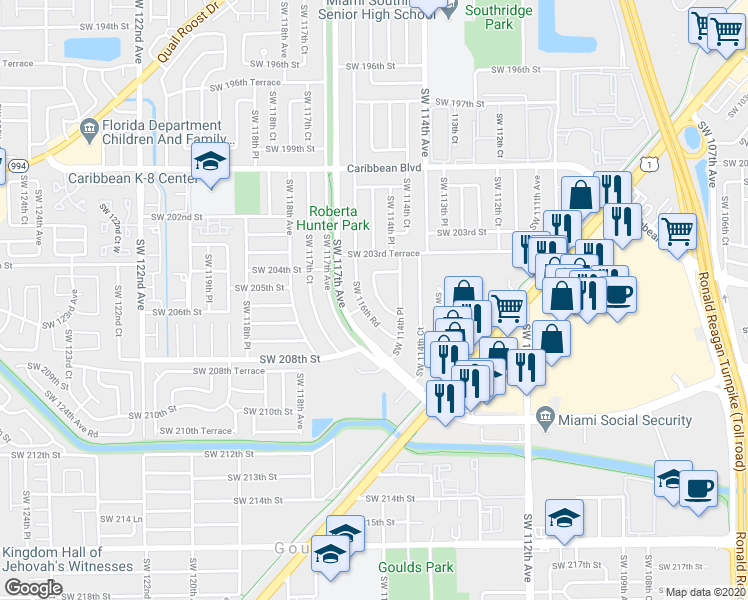 map of restaurants, bars, coffee shops, grocery stores, and more near 20410 Southwest 115th Road in Miami