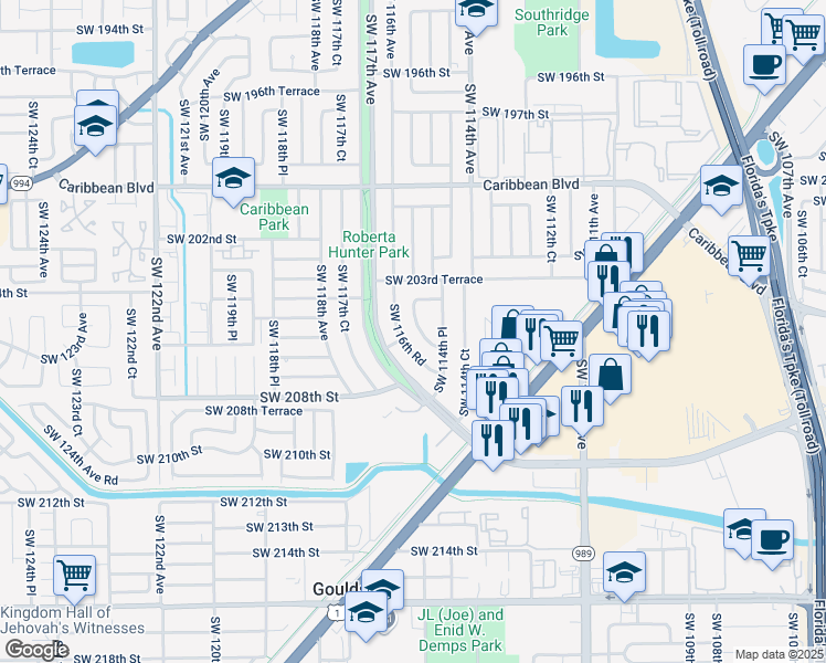 map of restaurants, bars, coffee shops, grocery stores, and more near 20410 Southwest 115th Road in Miami