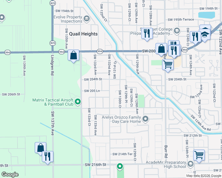 map of restaurants, bars, coffee shops, grocery stores, and more near 13131 Southwest 205th Street in Miami