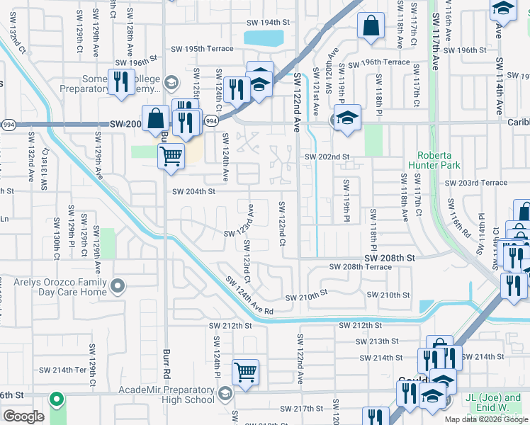 map of restaurants, bars, coffee shops, grocery stores, and more near 20410 Southwest 122nd Place in Miami