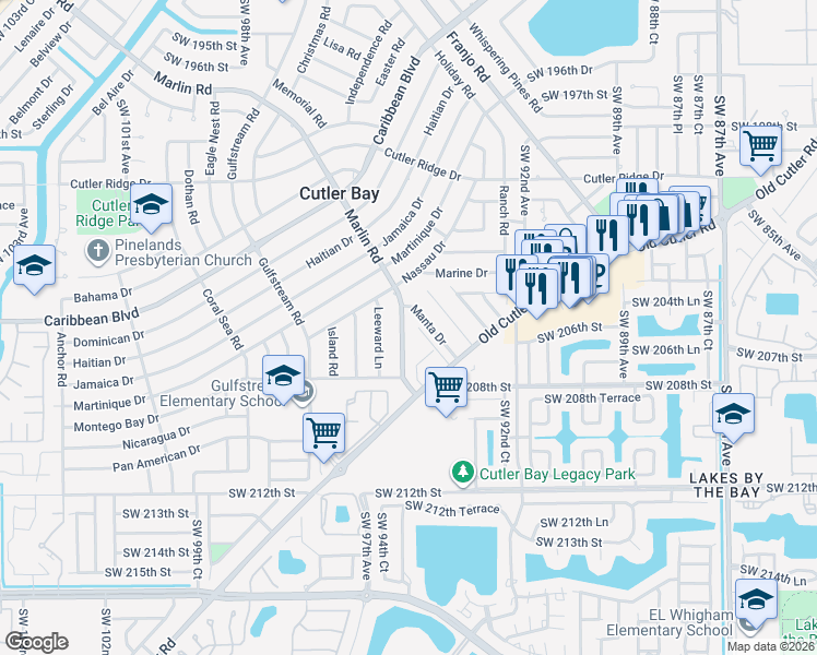 map of restaurants, bars, coffee shops, grocery stores, and more near 20500 Marlin Road in Cutler Bay