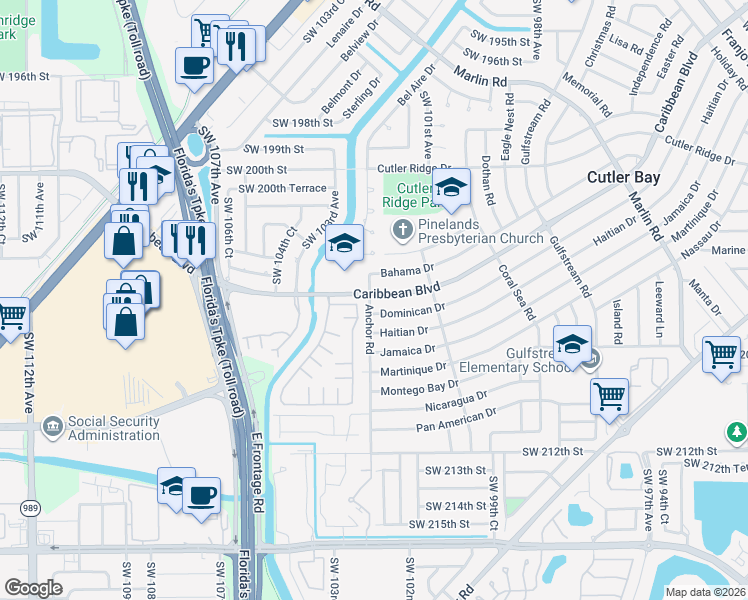 map of restaurants, bars, coffee shops, grocery stores, and more near in Cutler Bay