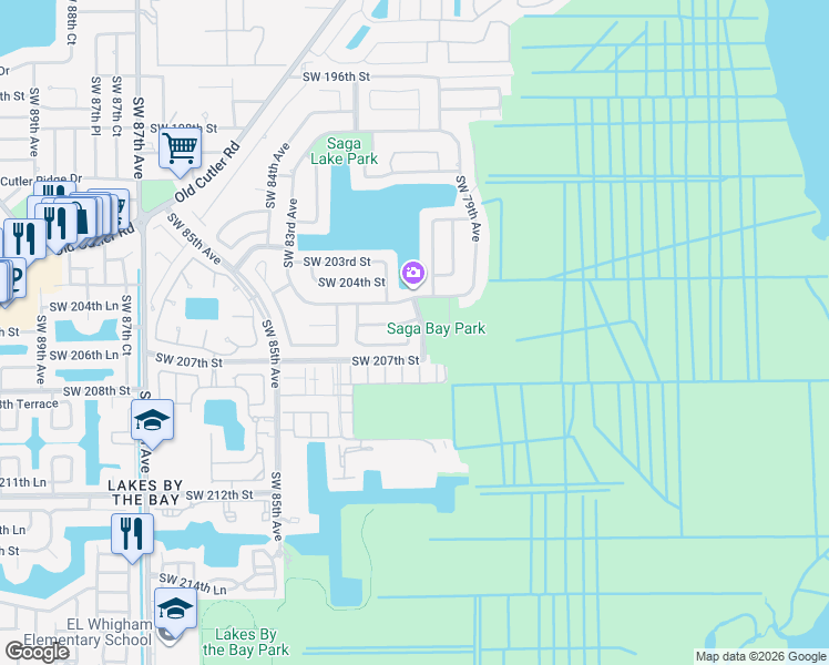 map of restaurants, bars, coffee shops, grocery stores, and more near 8000 Southwest 205th Street in Cutler Bay