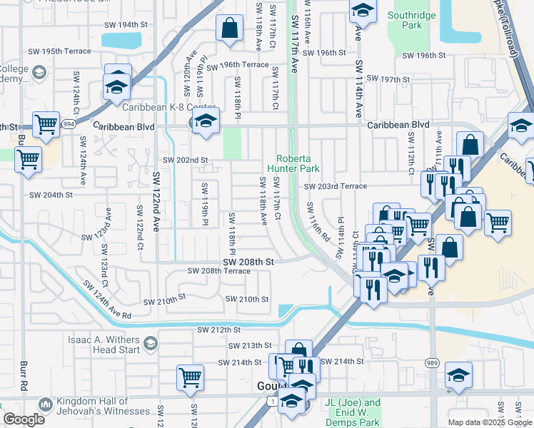 map of restaurants, bars, coffee shops, grocery stores, and more near 20431 Southwest 118th Avenue in Miami