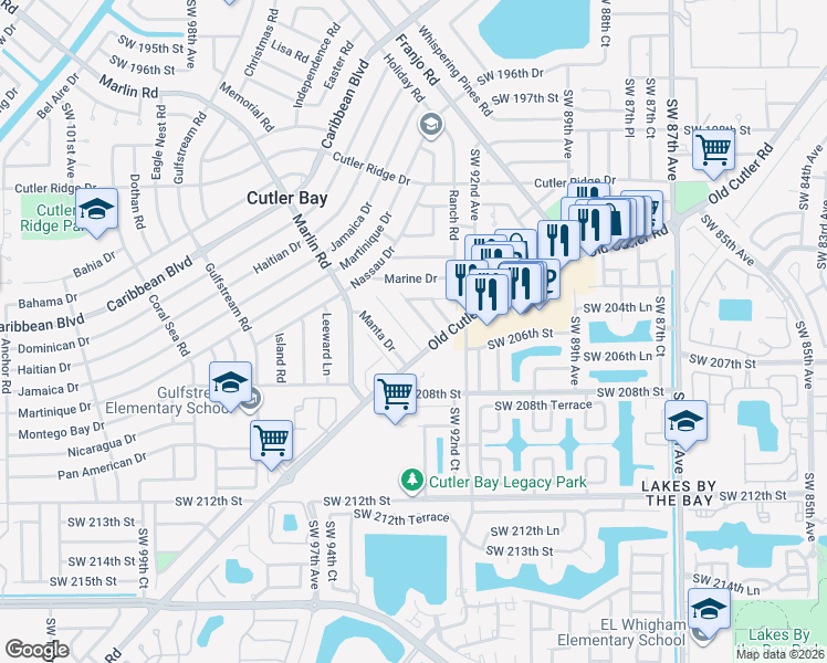 map of restaurants, bars, coffee shops, grocery stores, and more near 20513 Southwest 92nd Place in Cutler Bay