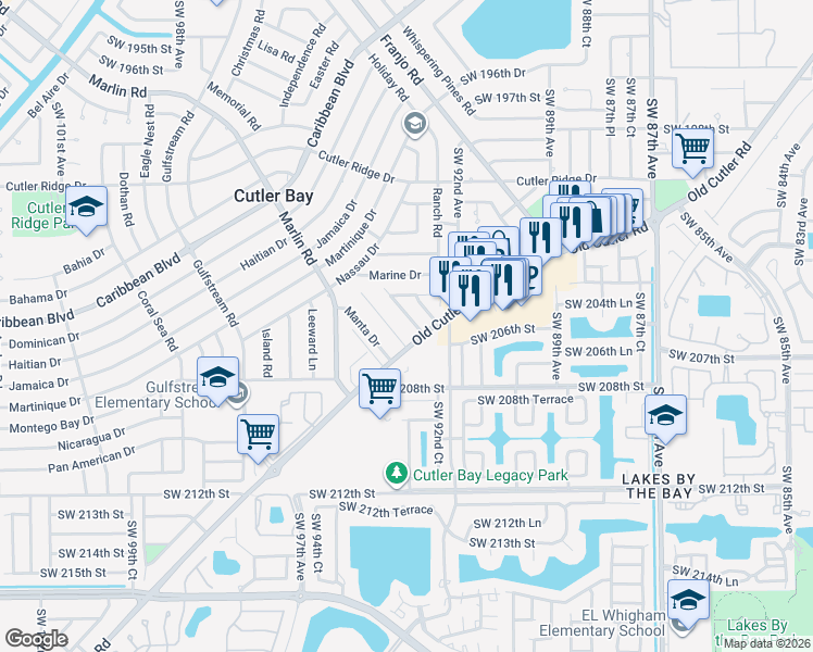 map of restaurants, bars, coffee shops, grocery stores, and more near 20513 Southwest 92nd Place in Cutler Bay
