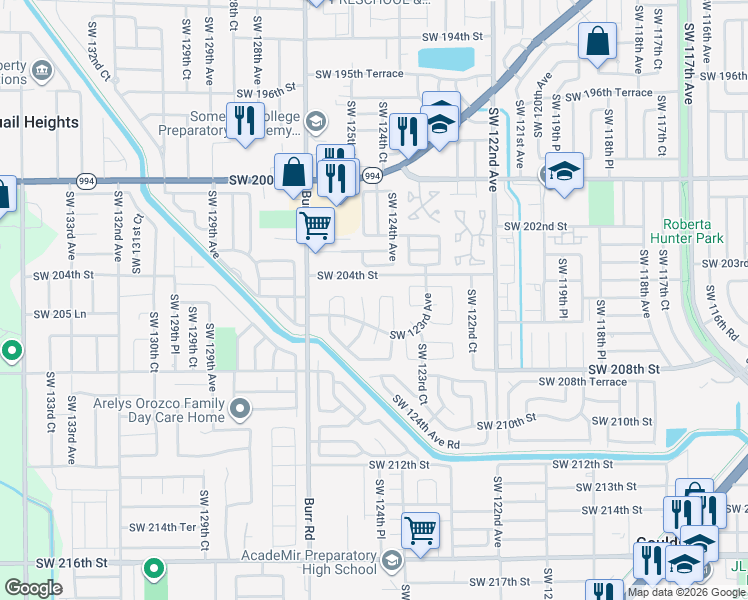 map of restaurants, bars, coffee shops, grocery stores, and more near 12451 Southwest 204th Terrace in Miami