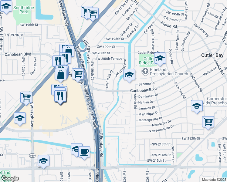 map of restaurants, bars, coffee shops, grocery stores, and more near 10355 Caribbean Boulevard in Cutler Bay