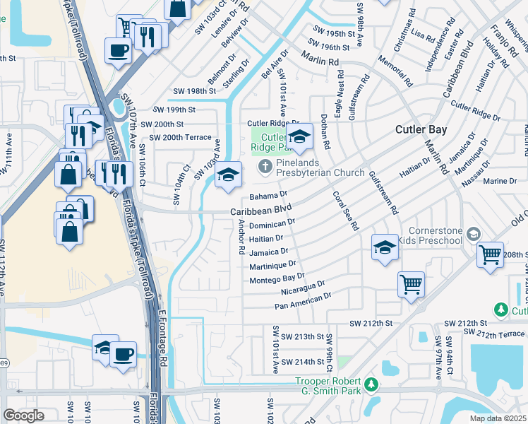 map of restaurants, bars, coffee shops, grocery stores, and more near 10211 Caribbean Boulevard in Cutler Bay