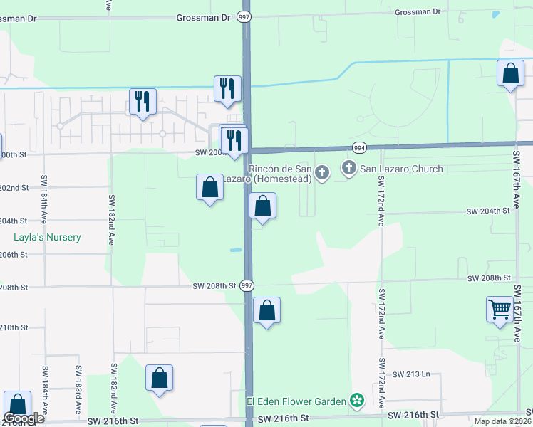 map of restaurants, bars, coffee shops, grocery stores, and more near 20285 Southwest 177th Avenue in Miami