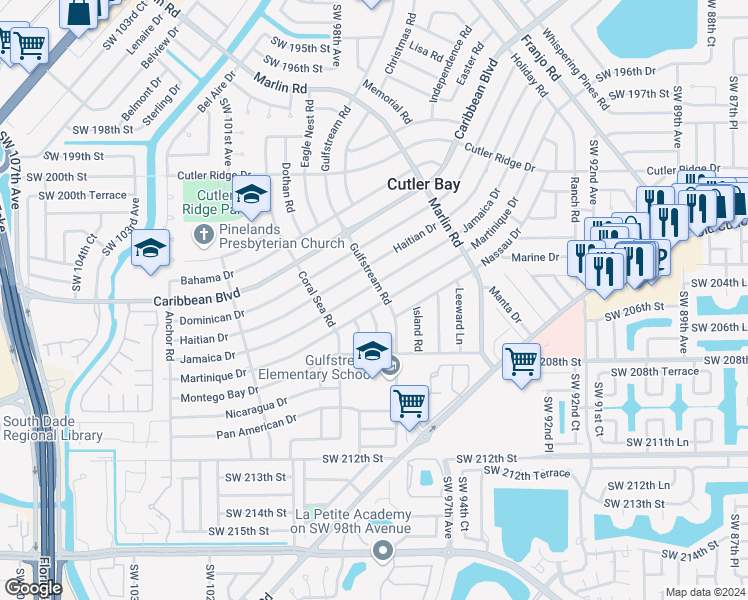 map of restaurants, bars, coffee shops, grocery stores, and more near 9731 Martinique Drive in Cutler Bay