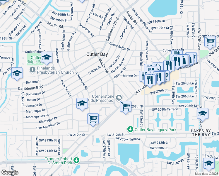 map of restaurants, bars, coffee shops, grocery stores, and more near 20500 Marlin Road in Cutler Bay