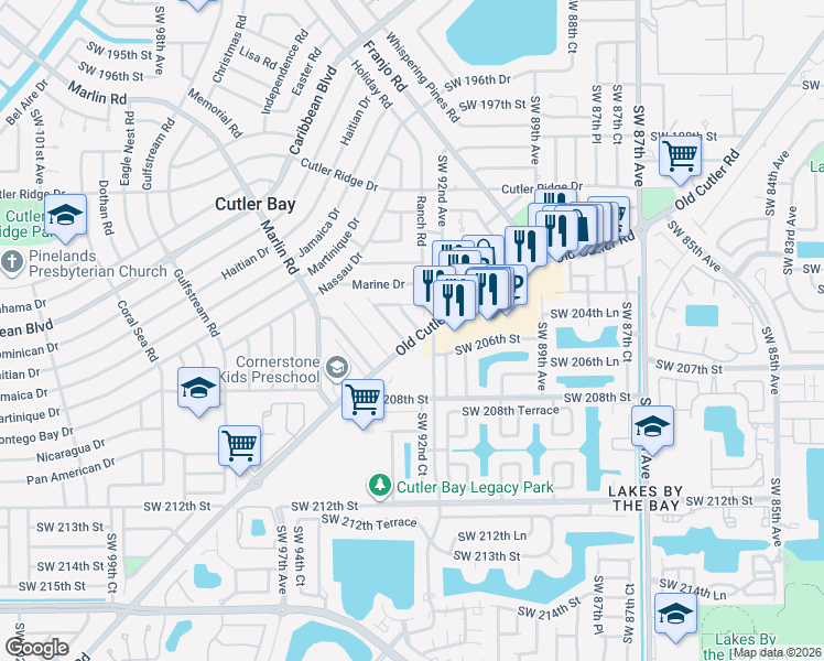 map of restaurants, bars, coffee shops, grocery stores, and more near 20534 Southwest 92nd Court in Cutler Bay