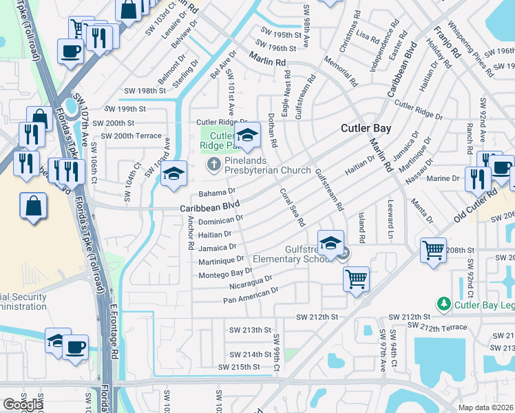 map of restaurants, bars, coffee shops, grocery stores, and more near 9971 Dominican Drive in Cutler Bay