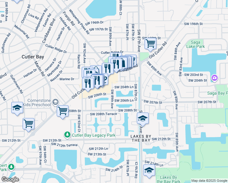 map of restaurants, bars, coffee shops, grocery stores, and more near 20555 Southwest 89th Avenue in Cutler Bay