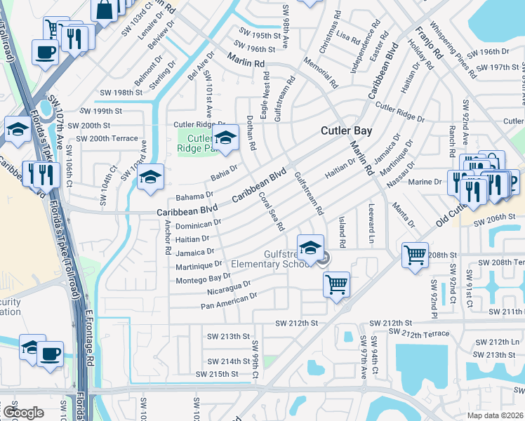 map of restaurants, bars, coffee shops, grocery stores, and more near 9891 Haitian Drive in Cutler Bay