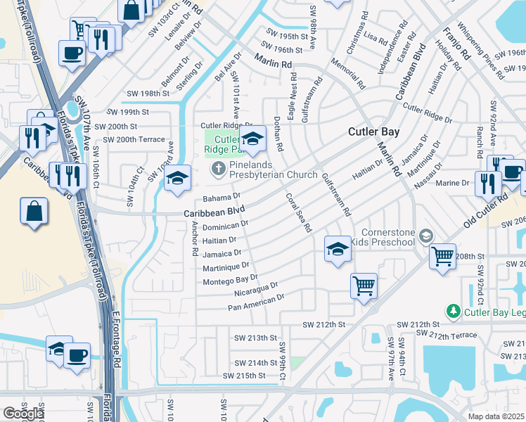 map of restaurants, bars, coffee shops, grocery stores, and more near 9971 Dominican Drive in Cutler Bay