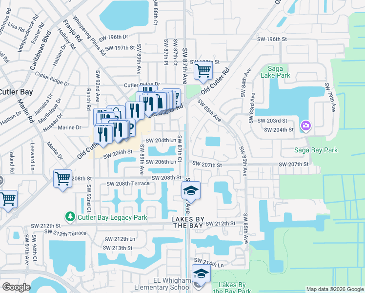 map of restaurants, bars, coffee shops, grocery stores, and more near 8732 Southwest 204th Lane in Cutler Bay