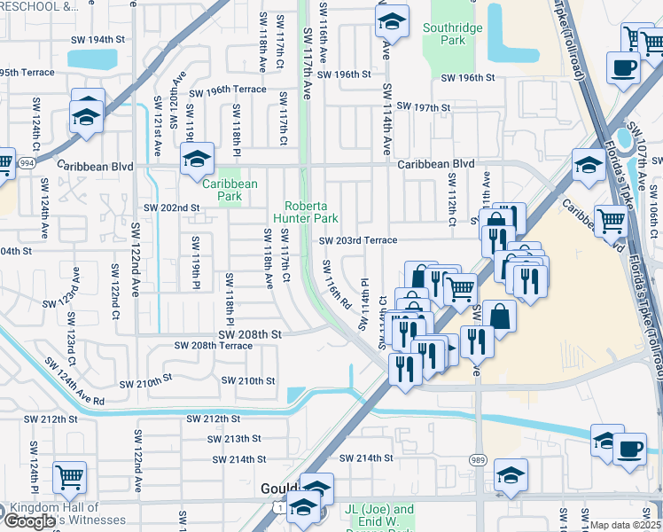 map of restaurants, bars, coffee shops, grocery stores, and more near 20410 Southwest 115th Road in Miami
