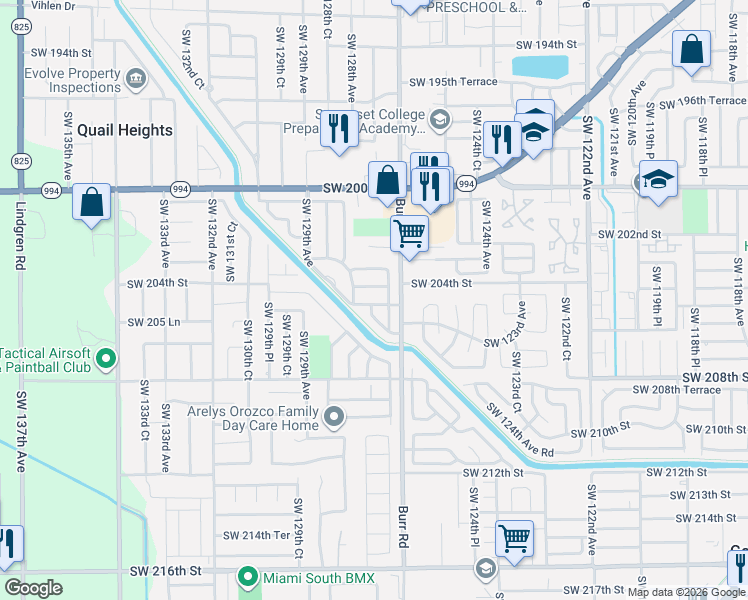 map of restaurants, bars, coffee shops, grocery stores, and more near 12765 Southwest 204th Lane in Miami