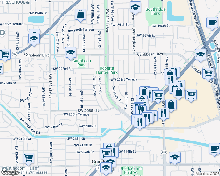 map of restaurants, bars, coffee shops, grocery stores, and more near 20431 Southwest 117th Avenue in Miami
