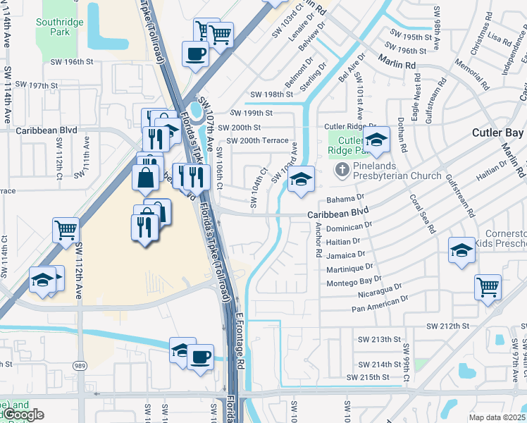 map of restaurants, bars, coffee shops, grocery stores, and more near 10355 Caribbean Boulevard in Cutler Bay