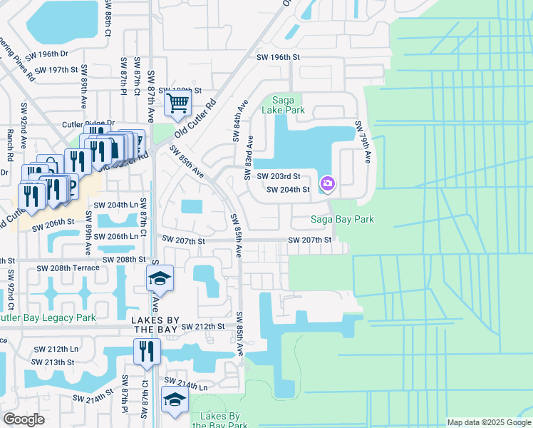 map of restaurants, bars, coffee shops, grocery stores, and more near 8305 Southwest 205th Terrace in Cutler Bay