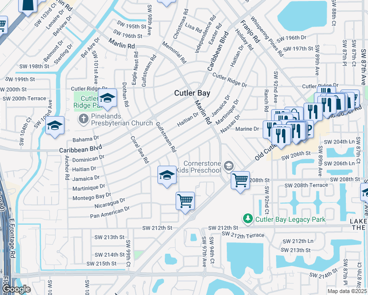 map of restaurants, bars, coffee shops, grocery stores, and more near 9620 Martinique Drive in Cutler Bay