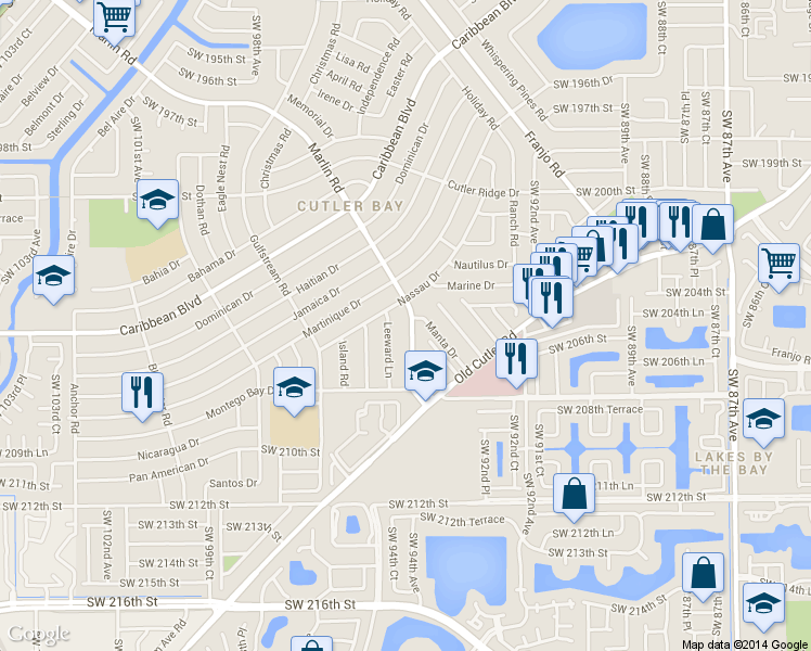 map of restaurants, bars, coffee shops, grocery stores, and more near 20500 Marlin Rd in Cutler Bay