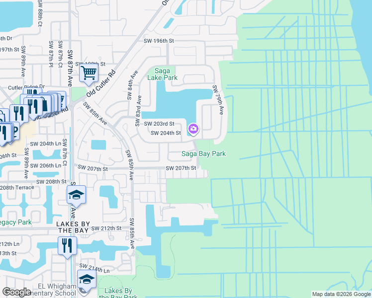 map of restaurants, bars, coffee shops, grocery stores, and more near 8085 Southwest 205th Terrace in Cutler Bay