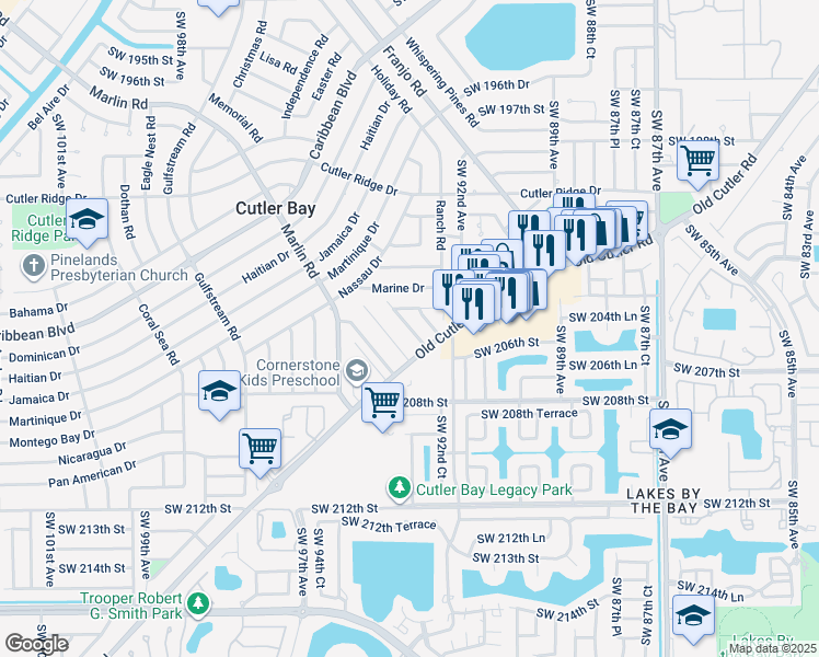 map of restaurants, bars, coffee shops, grocery stores, and more near 20513 Southwest 92nd Place in Cutler Bay