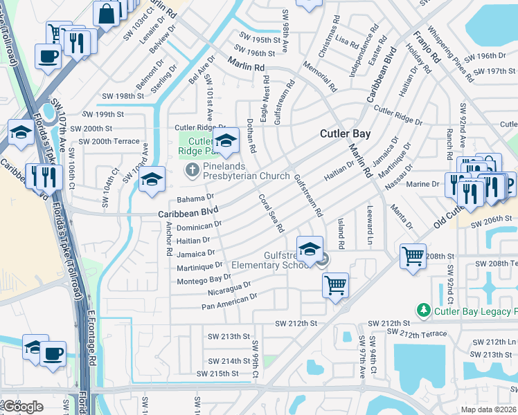 map of restaurants, bars, coffee shops, grocery stores, and more near 9891 Haitian Drive in Cutler Bay