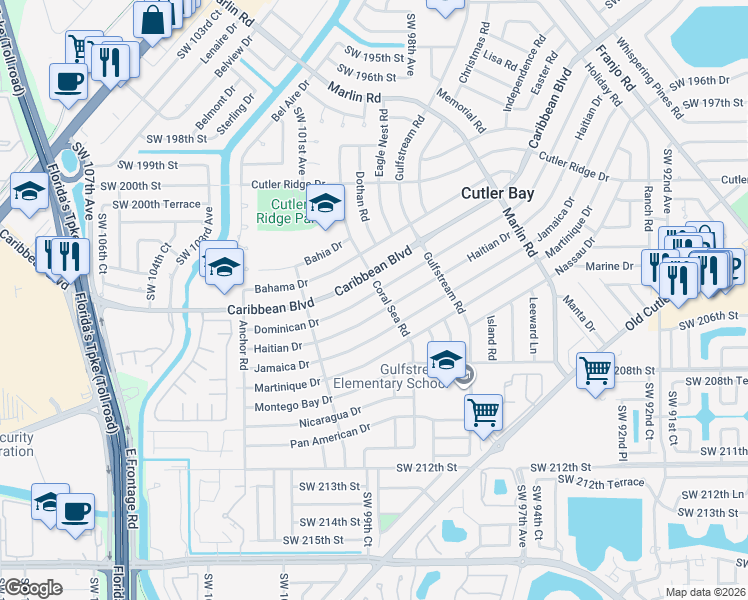 map of restaurants, bars, coffee shops, grocery stores, and more near 9891 Haitian Drive in Cutler Bay