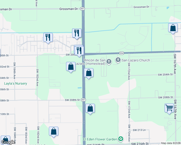 map of restaurants, bars, coffee shops, grocery stores, and more near 20285 Southwest 177th Avenue in Miami