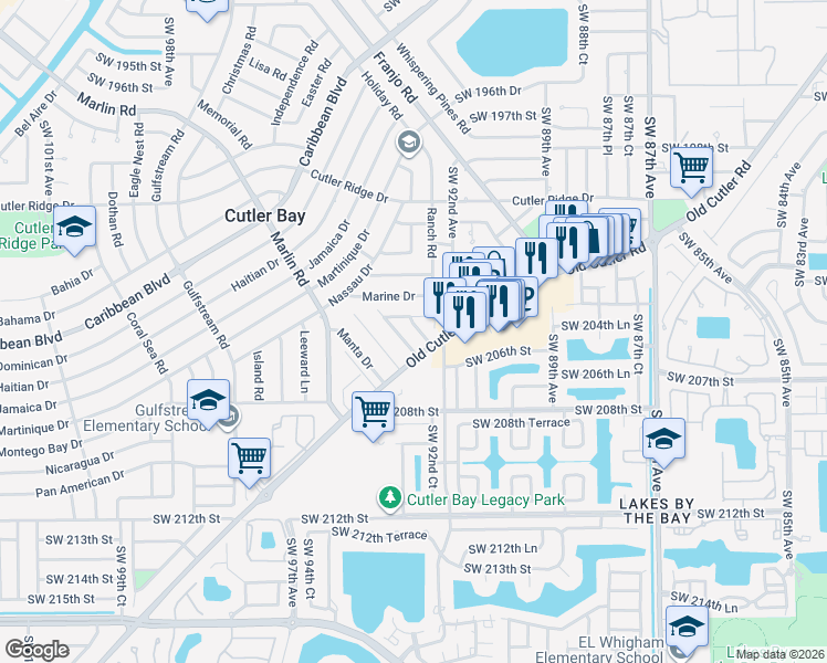 map of restaurants, bars, coffee shops, grocery stores, and more near 20513 Southwest 92nd Place in Cutler Bay