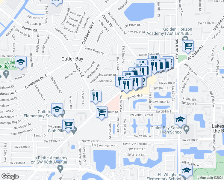 map of restaurants, bars, coffee shops, grocery stores, and more near 20506 Southwest 92nd Court in Cutler Bay