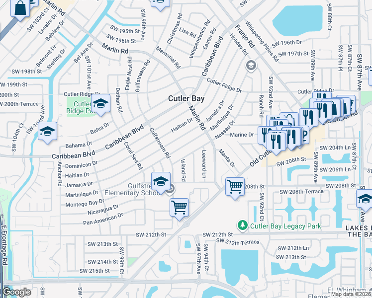 map of restaurants, bars, coffee shops, grocery stores, and more near 9620 Martinique Drive in Cutler Bay