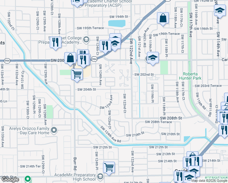 map of restaurants, bars, coffee shops, grocery stores, and more near 20410 Southwest 122nd Place in Miami