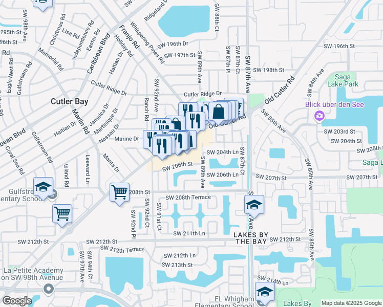 map of restaurants, bars, coffee shops, grocery stores, and more near 20445 Old Cutler Road in Cutler Bay