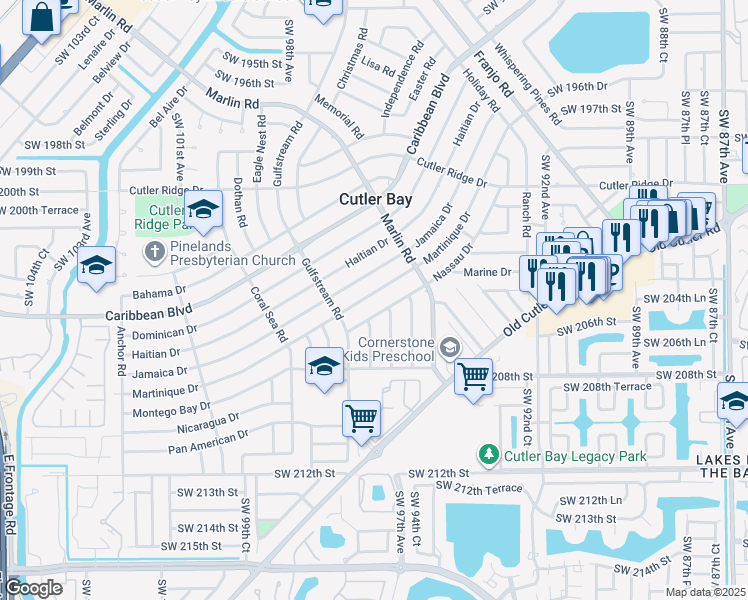 map of restaurants, bars, coffee shops, grocery stores, and more near 9620 Martinique Drive in Cutler Bay