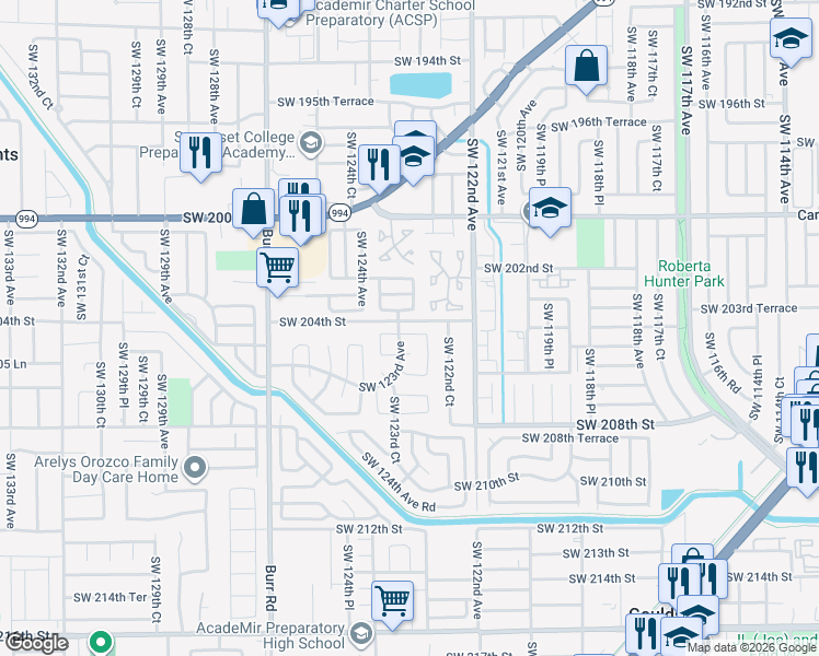 map of restaurants, bars, coffee shops, grocery stores, and more near 20410 Southwest 122nd Place in Miami