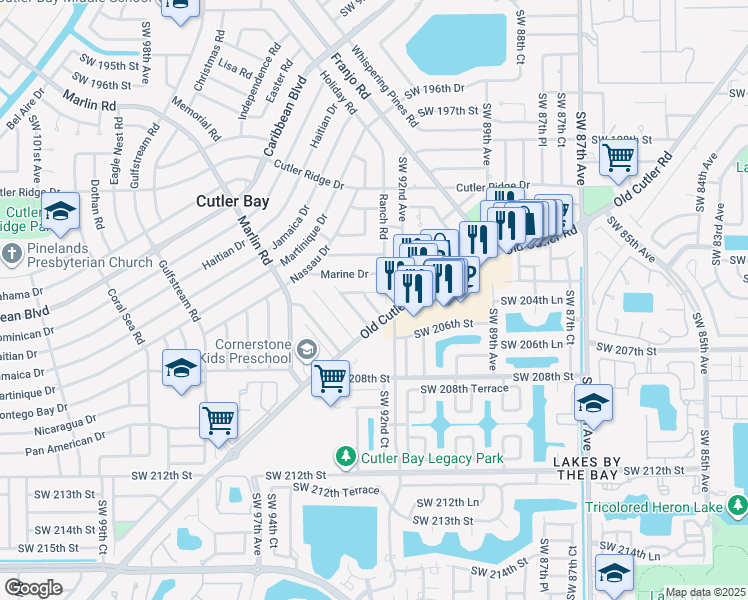 map of restaurants, bars, coffee shops, grocery stores, and more near 20513 Southwest 92nd Place in Cutler Bay