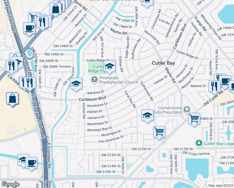map of restaurants, bars, coffee shops, grocery stores, and more near 9971 Dominican Drive in Cutler Bay