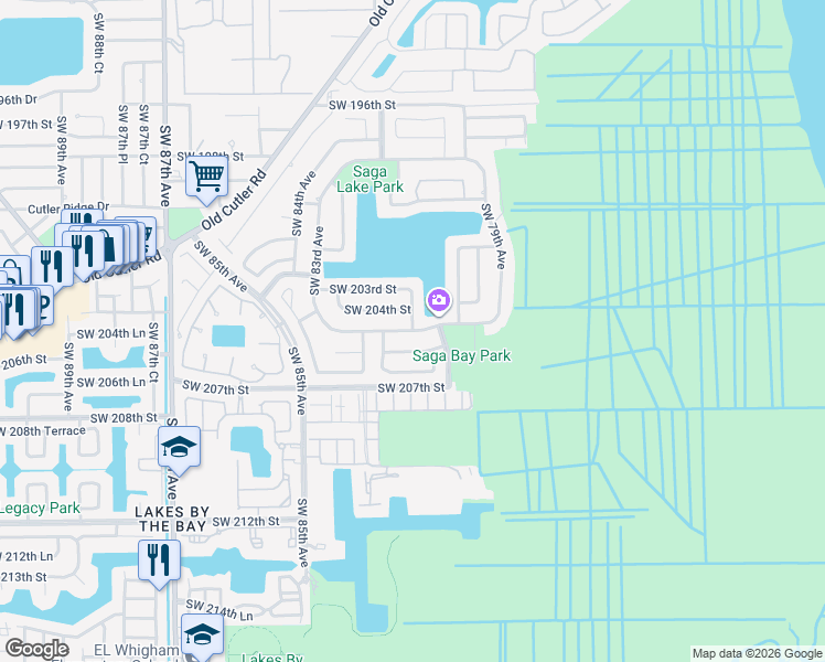 map of restaurants, bars, coffee shops, grocery stores, and more near 8085 Southwest 205th Terrace in Cutler Bay