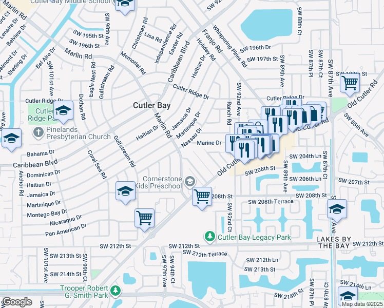 map of restaurants, bars, coffee shops, grocery stores, and more near 20424 Southwest 93rd Avenue in Cutler Bay