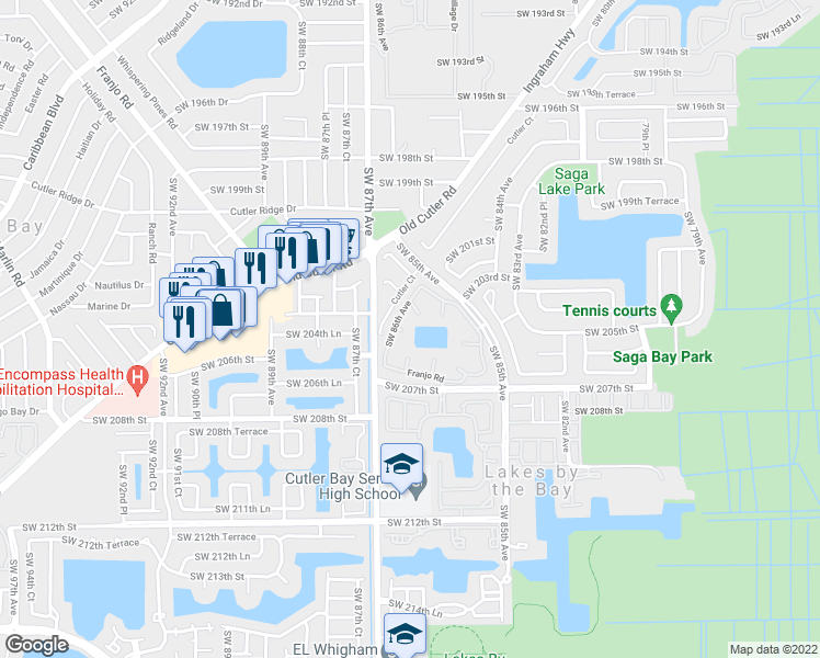map of restaurants, bars, coffee shops, grocery stores, and more near 20405 Southwest 86th Avenue in Cutler Bay